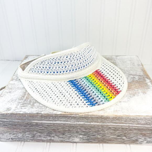 Vintage 70s 80s Straw Plastic Sun Visor Rainbow Sun Hat, Rainbow Golf Hat - Picture 1 of 9